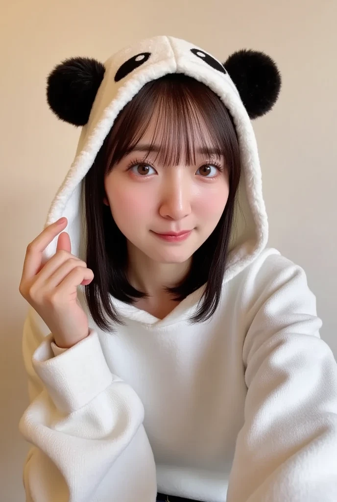 There is a woman wearing a panda bear headband, ulzzangs, kemonomimi, hair blackbangs hair, chiho, Girl with cat ears, with kitsune mask, black hime cut hair, hair whitebangs hair, sui ishida with black hair, 1 7 - year - old anime goth girl, Yoshitomo Nara