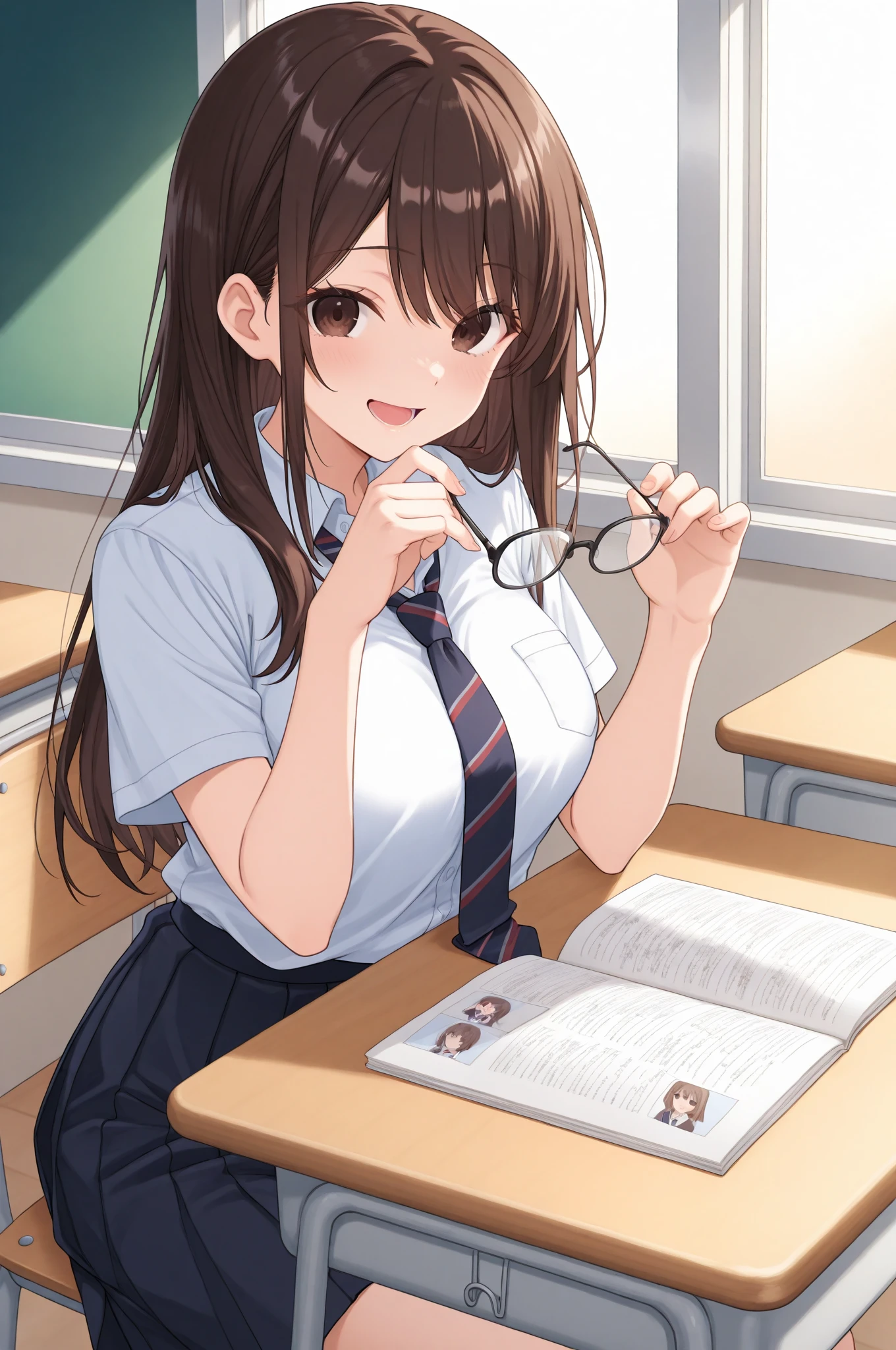 (Highest quality,8k,32K,masterpiece,Ultra-high resolution :1.2 ),born,One girl,Super cute,Natural light,Clear, shining eyes,20-year-old,Fair skin,College classroom electronic world fantasy background,Brown Hair,Answer the survey,Large Breasts,Writing on paper,Wearing glasses,Dress shirt
