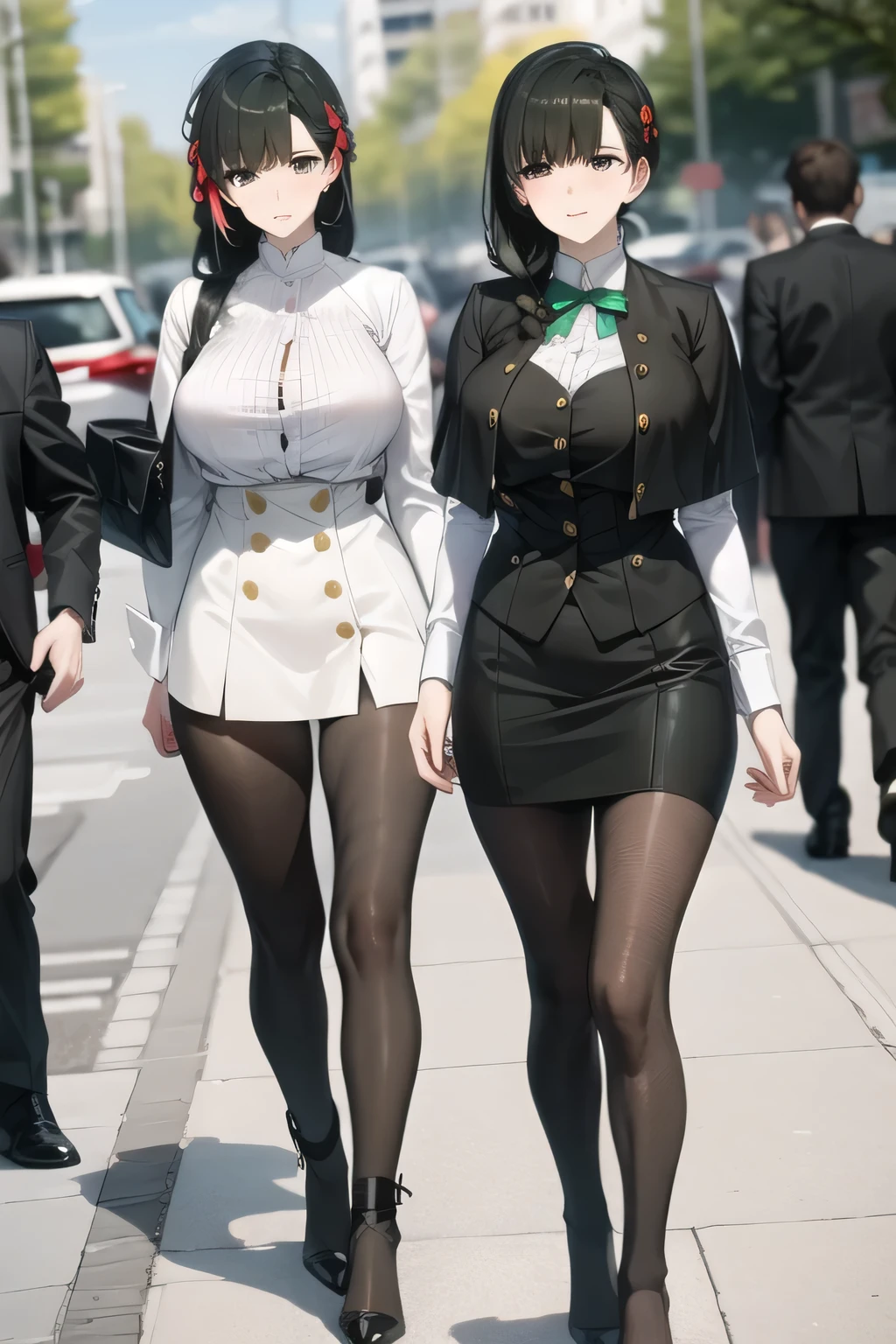 A woman with a lovely smile, Black Haired Woman,even more delicately,,business suit,tight miniskirt,uniform ,white scarf,high heels,,表情を最優先するのでFaces are very importantトリミングしないでください,,,爆big boobsをさらに爆big boobsに描いて下さい,,Walking Alone, Please draw the expression on the face of an empty city ,only, , Big black wavy hair, , big boobs, thin waist , , ,Faces are very important,
