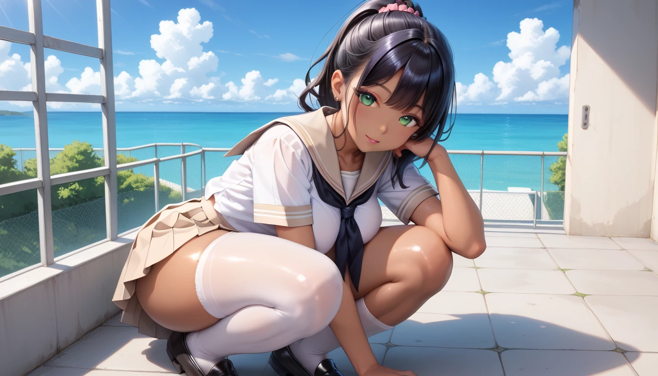 (Hires), (1girl), (18yo), (adult body), (adult body ratio), (cute sailor school girl uniform), (opened white shirt), (lifted blue skirt), (smiling gently), (wind blowing skirt), (spreading legs), (looking at the viewer), (shot from below), (breast gap), (butt cheek), (wearing sexy high v-cut underwear), (shape of inner labia underneath the underwear), (obvious cameltoe shape), (meaty pussy), (blushed face), (chubby thighs), (detailed skin), (bodyhair:0.5)