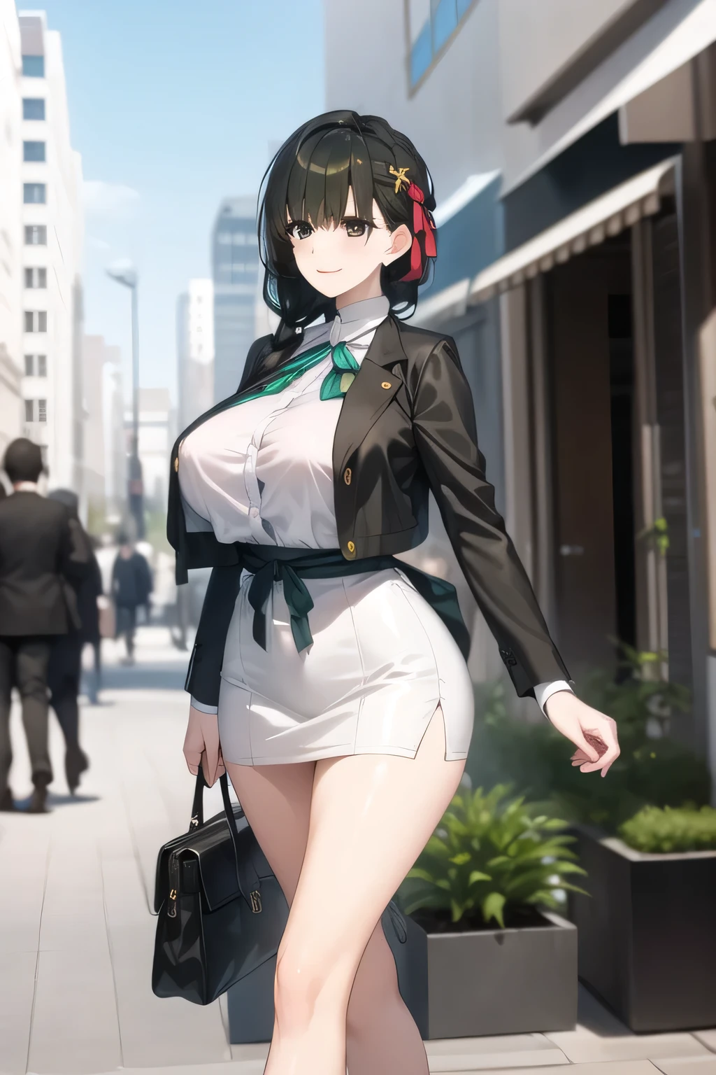A woman with a lovely smile, Black Haired Woman,even more delicately,,business suit,tight miniskirt,uniform ,white scarf,high heels,,表情を最優先するのでFaces are very importantトリミングしないでください,,,爆big boobsをさらに爆big boobsに描いて下さい,,Walking Alone, Please draw the expression on the face of an empty city ,only, , Big black wavy hair, , big boobs, thin waist , , ,Faces are very important,