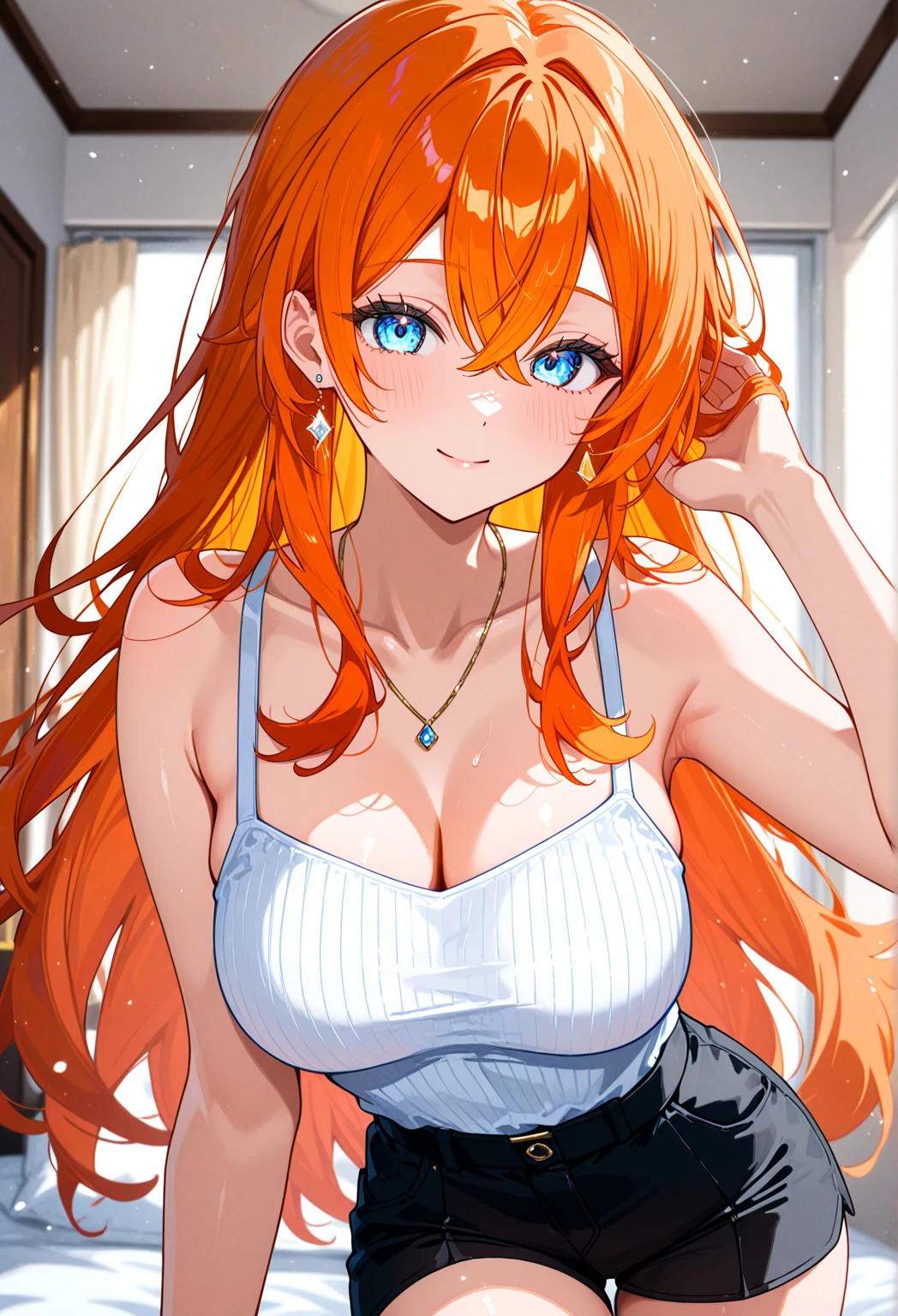 1 girl, single girl, cute, long orange hair, light blue eyes, big breasts, big hips, tight tank top, strappy t-shirt, sleep shorts