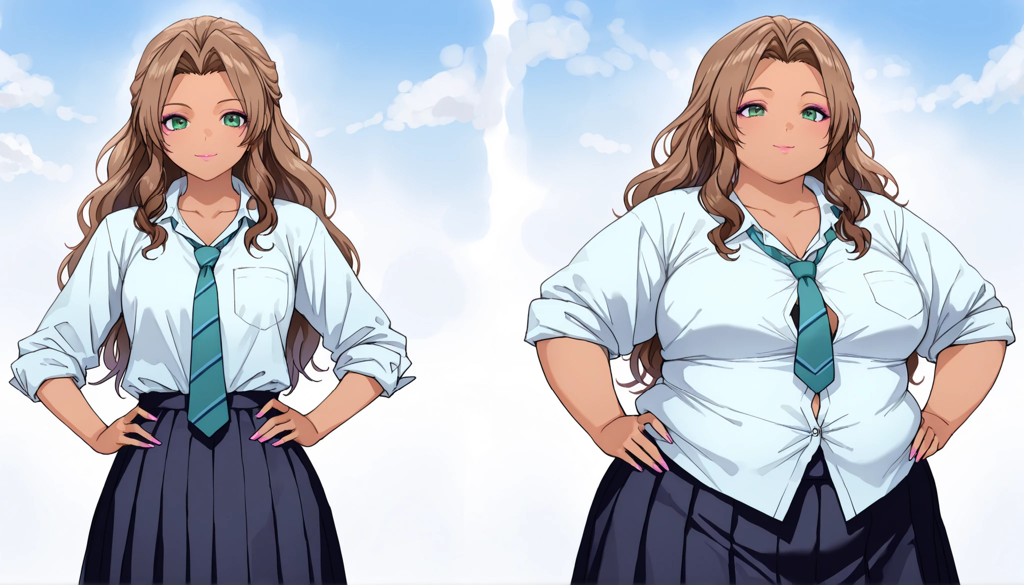 HDR, 8K, high contrast, masterpiece, best quality, amazing quality, very aesthetic, high resolution, ultra-detailed, absurdres, realistic, newest, scenery, (1girl:1.2), (solo:1.2), before and after weight gain sequence of young schoolgirl, ((school uniform)), cute, sassy, long wavy hair, brown hair, makeup, serious, hands on hips, light smile, skinny, thin, weight gain, sequence, (chubby), plump, (fat), (round face), ((double chin)), (((light blue button down shirt))), ((collarbone)), (((tie))), ((rolled sleeves)), chest pockets, short dark skirt, ((anime character)), (gyaru), Aerith Gainsborough