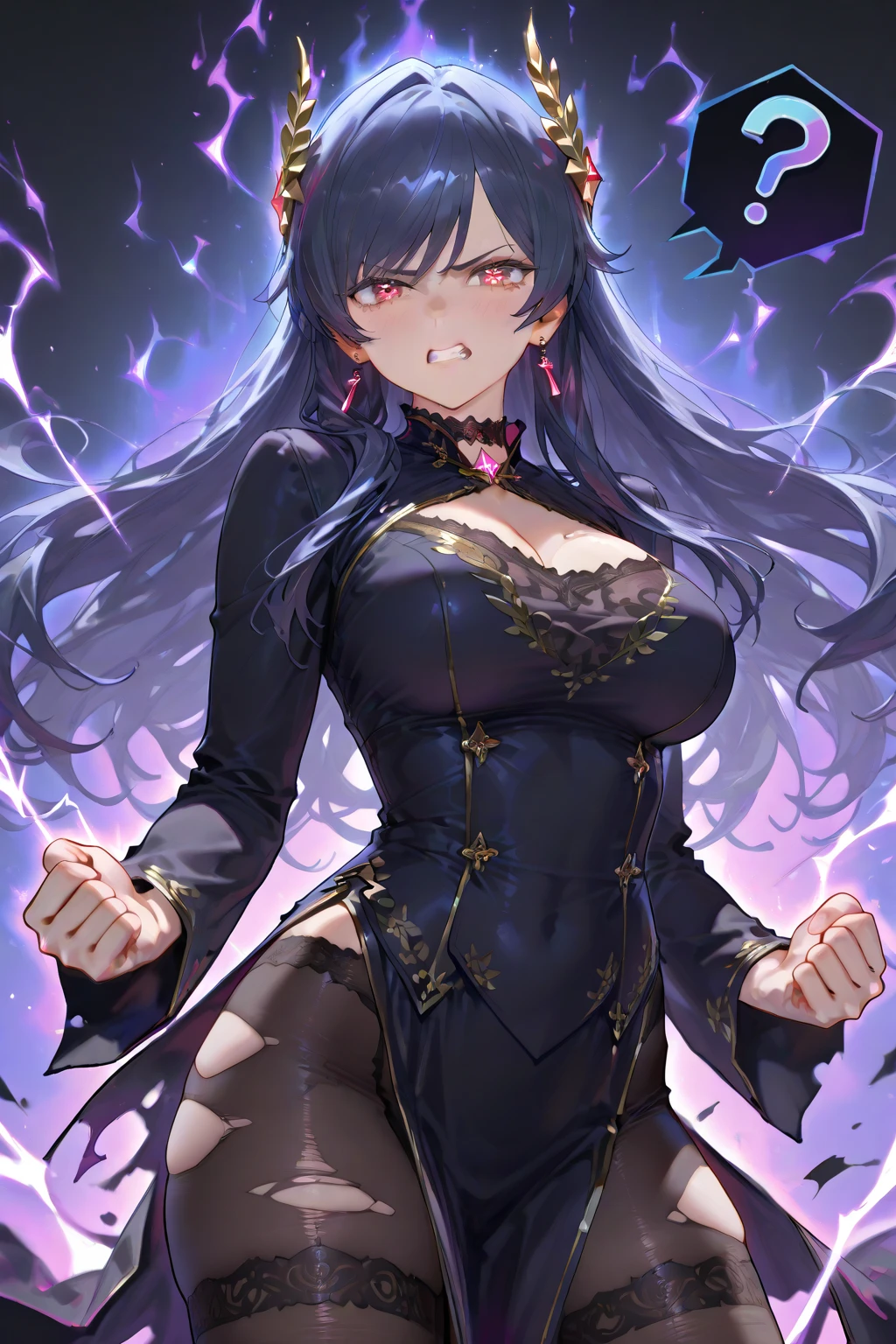 <lora:Sonia_FE-10:0.6>  sonia fe, 1girl, solo, long hair, looking at viewer, smile, large breasts, gloves, dress, cleavage, bare shoulders, jewelry, earrings, parted lips, black dress, bridal gauntlets, circlet, electricity, lightning