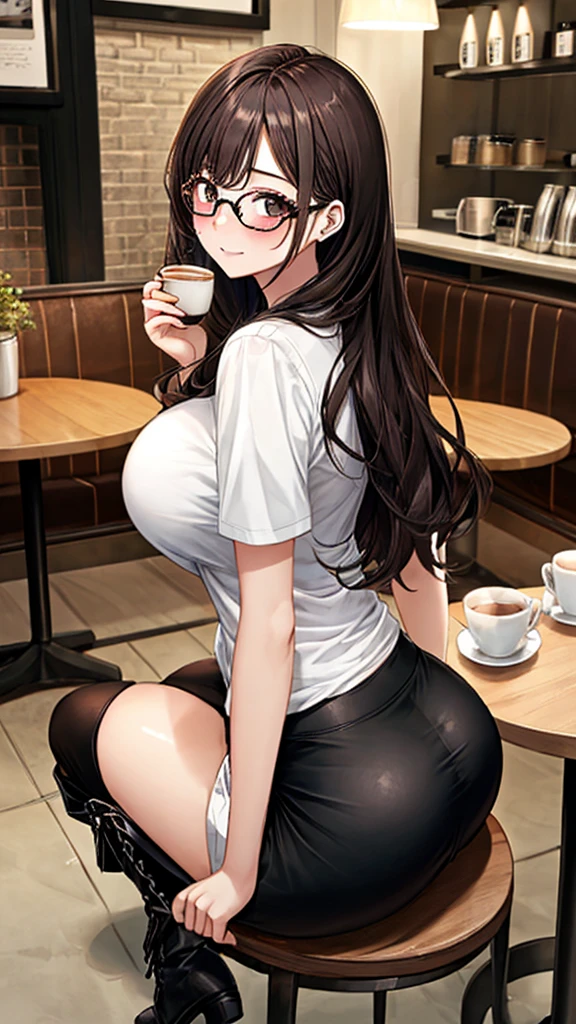 (masterpiece,Highest quality,Ultra-high resolution),,(ultra best illustration), (best shadow),high quality,(ultra detailed:1.15),hyper detailed,insanely detailed, exquisite,beautiful,absurdres,1 woman,Japanese women,(house wife:1.5),(40 years old:1.3),(middle-aged:1.49),(Small and round face:1,19),medium skin,shiny skin,detailed skin,detailed face,beautiful breasts,small breasts,Retinal Detail,side part,straight hair,long hair, Casual, simple blouse,V-neckline,knee-length skirt, blouse in bright colors,pastel shades,(((cafe interior,in room)))