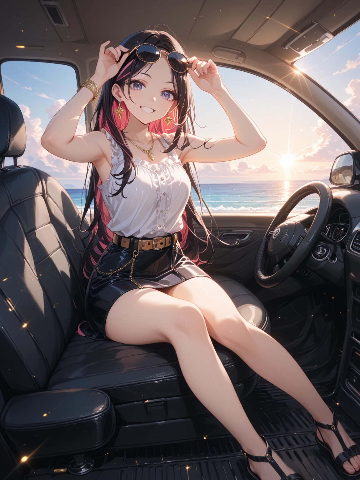SFW, (Gros plan des fesses au visage) Extrêmement détaillé (Écolière allongée sur la voiture) écarter les jambes, visage parfait, (PrincesseTiara), (Textures de vêtements délicats), Uniforme de marin avec ruban rouge, (((culotte blanche))), anatomie correcte, main parfaite (4 doigts et un pouce), Doigts enfantins corrigés, ligne jambe-pied corrigée, ((Lumières colorées et étoilées au crépuscule)), ((bras caché) pieds cachés), Chef-d&#39;œuvre ultra-détaillé de qualité supérieure 8K(ProfessionnelPhoto:1.37)(Acuité:0.8)