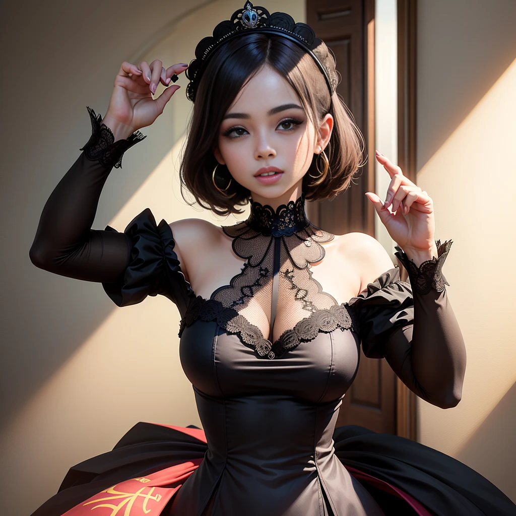 masterpiece, best quality,1girl,gothgal,frilly dress 8k,highres, ( flower_styler:1.2)(rainbow-candy:1.2) ((large breast,big boobs))