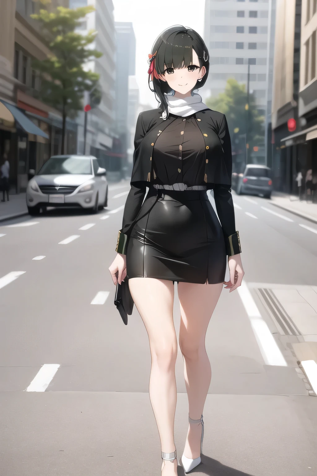 A woman with a lovely smile, Black Haired Woman,Please draw more delicately,,business suit,tight miniskirt,uniform ,white scarf,high heels,,表情を最優先するのでFaces are very importantトリミングしないでください,,,爆big breastsをさらに爆big breastsに描いて下さい,,Walking Alone, expressions on the face of an empty city ,only, , Big black wavy hair, , big breasts, thin waist , , ,Faces are very important,