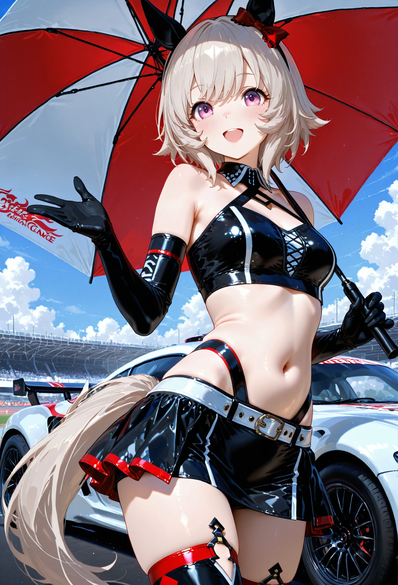 beautiful, masterpiece, Highest quality, anime, One girl, C Cup,Portrait Shot, View your viewers, Covered、Short Hair、nearby、Blue Eyes、art、、White hair,black streaked hair、wallpaper、hairpin、Cute smile、Thighs、navel、Black and White_Open race queen、Black and White_Gloves、Black and White_Knee-high boots、Shooting from an angle、Wave one hand、Cute、Short skirt、Racetrack、Supercar、blue sky、mini skirt