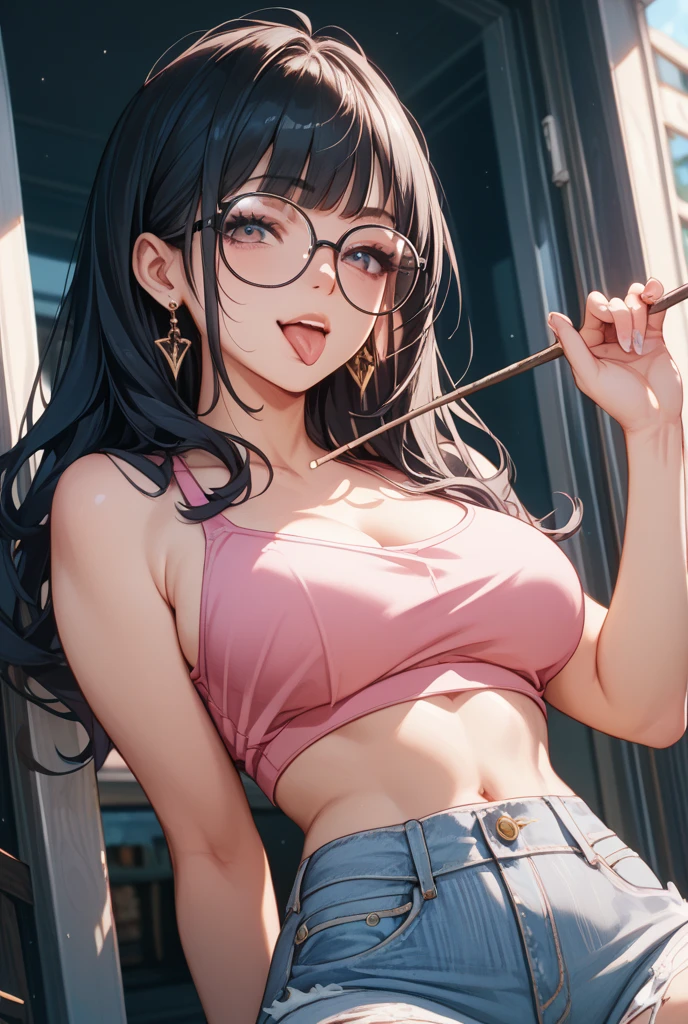 1 girl (18yo) glasses, upper body, slim waist, small breast, sexy pose, naugthy face, bangs, cleavage, navel, off shoulder, seductive smile, wear pink detailed ?????? summer suit, gray background