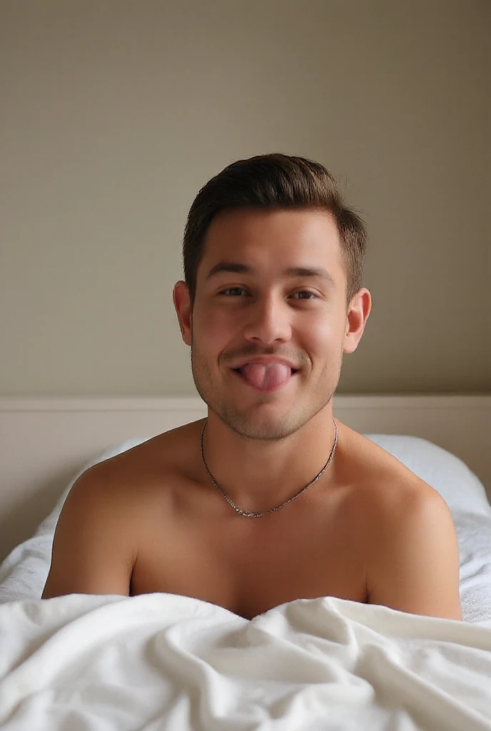 A young man with a beard, No blouse, offwhite, with little hair on the chest, not muscular, wearing round glasses, in black pants with his penis out, hairy and cumming sitting on the bed