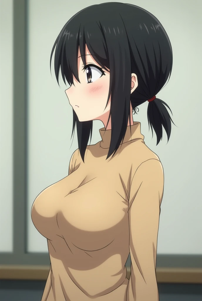 master piece, 1girl, solo, ,short hair , back, looking at viewer, blush, open mouth, ((huge breasts)), happy, black hair, black shirt, black eyes, upper body, sweat, looking back, indoors, from behind, black shirt, detailed eyes, (best quality),