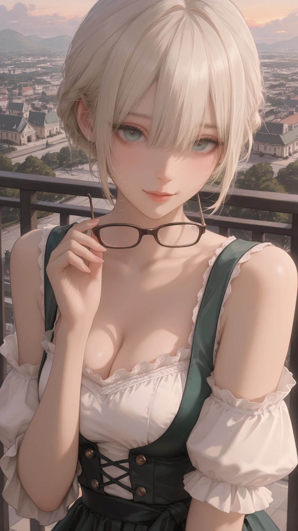 (extra detailed body, extra detailed face, best quality:1.2), female, looking at the viewers, (A silver-haired, cat-eye glasses, a gentle smile, casual attire), (Silver architecture on background:1.4), Midjourney Worldview.