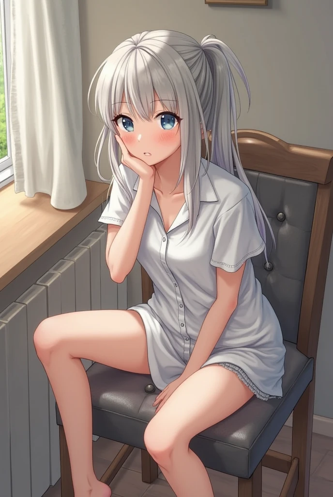 Highest quality, Dimly lit room, Ultra-high resolution,People Girls, alone, sexy, （Expressionless), (White eyes,Detailed beautiful eyes), Beautiful face in every detail,(High resolution detail of human skin texture), (White messy long hair),（Sweat:1.1）,（masterpiece:1.3）,（Realistic:1.2）,（Open your mouth:1.1）,Dirty long sleeve shirt,barefoot,Yandere