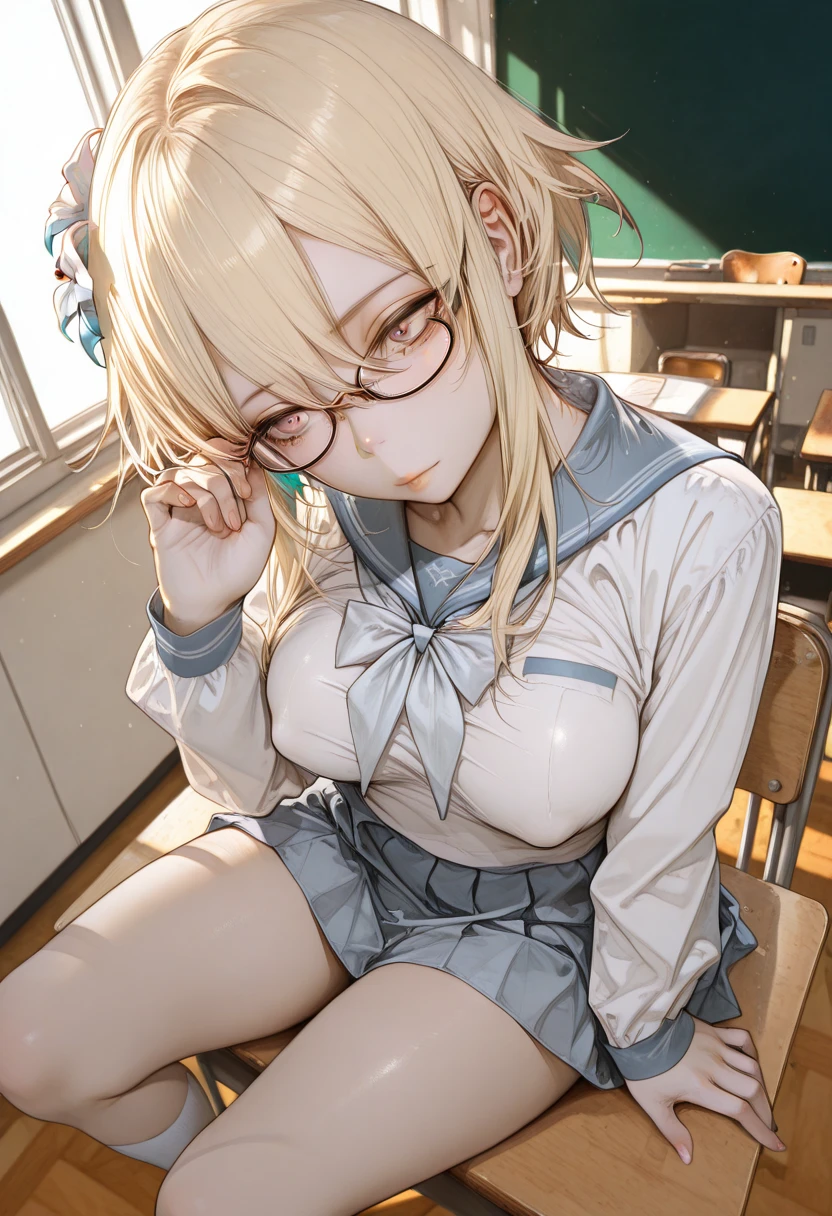 long hair of golden color、hime-cut、Golden Eyes、eye glasses、ssmile、early teenage girls、flat chest、Thin pubic hair、Beautiful open legs、school classrooms