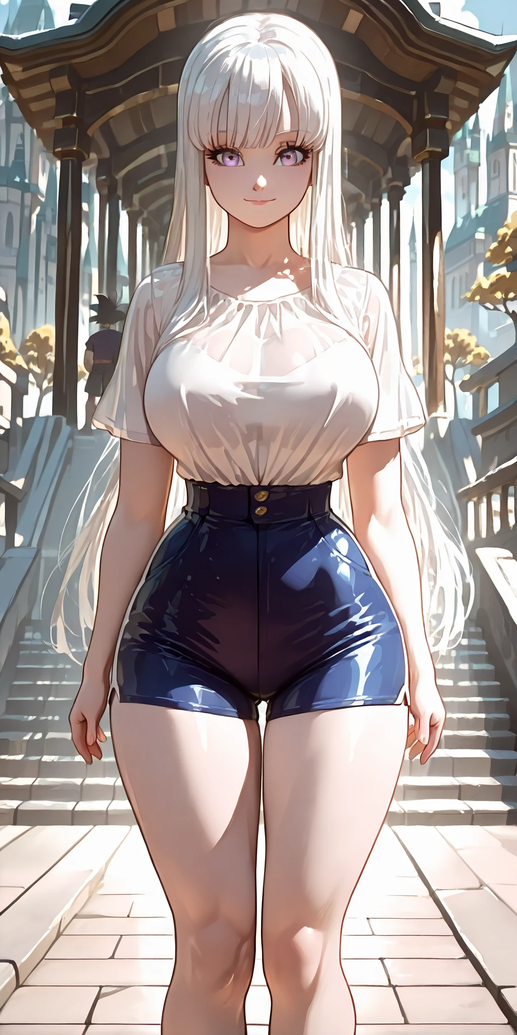 1girl, anime girl, anime, girl, 2d girl, 16y, (fullbody), standing, golden eyes, smiling, blush, (long hair, single ponytail, silver hair), ((blouse)), Solo, big , big breasts, sfw, Tight Shorts, low waist shorts, upshorts, from below, the city background, flowers, afternoon sky, looking at viewer, darker shadows, (((sexy))), (((shorts))), (((absurdres))), (((thigh gap))), cameltoe, (((cameltoe))), (((cleft of venus))), (((lowleg shorts))),