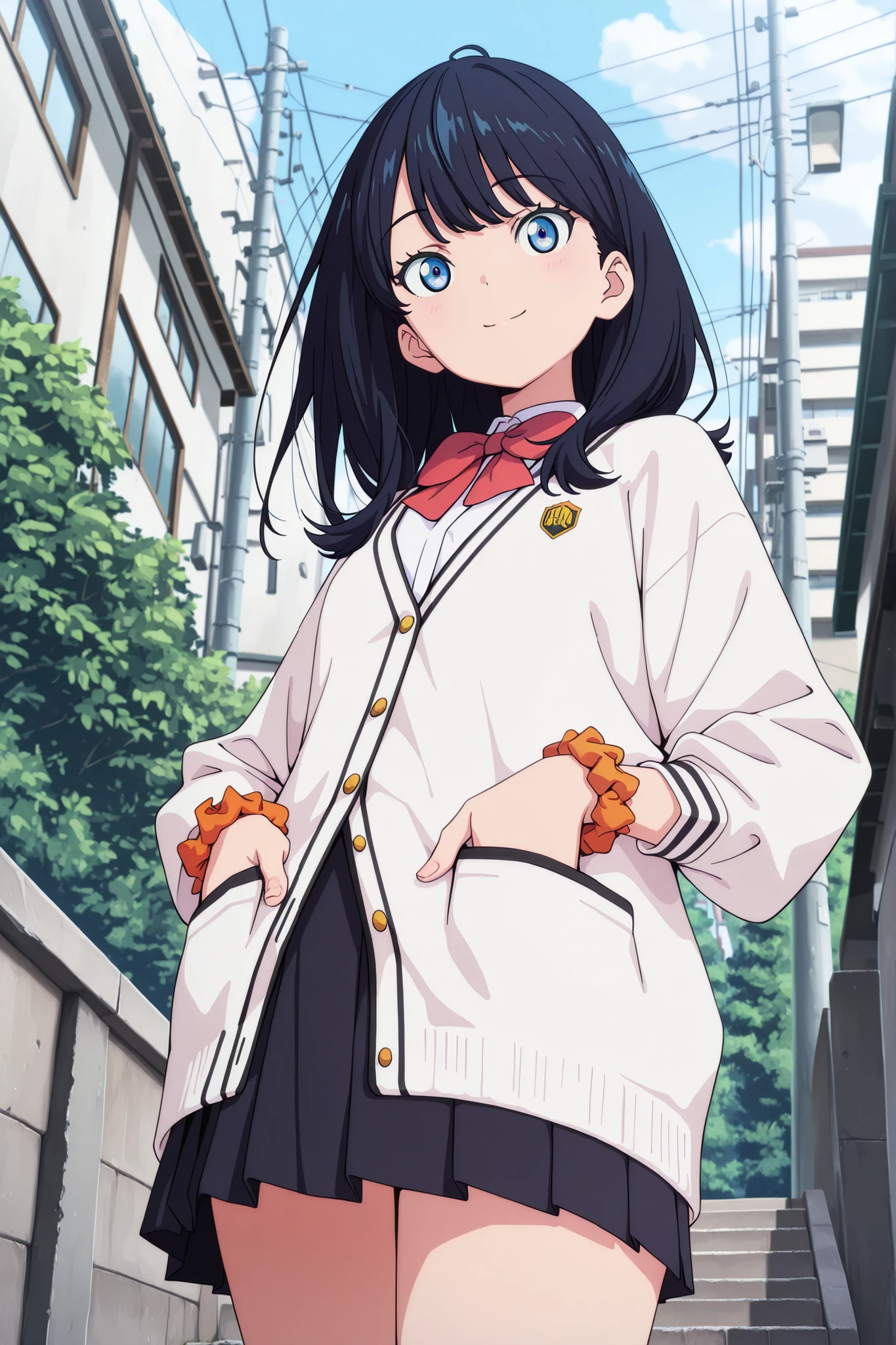 masterpiece, best quality, highres, newest, 1girl, solo, official style, anime screencap, rikka, black hair, long hair, blue eyes, white cardigan, long sleeves, bow, pleated skirt, orange wrist scrunchie, outdoor, looking at viewer, smile, cowboy shot, hands on pockets, from below