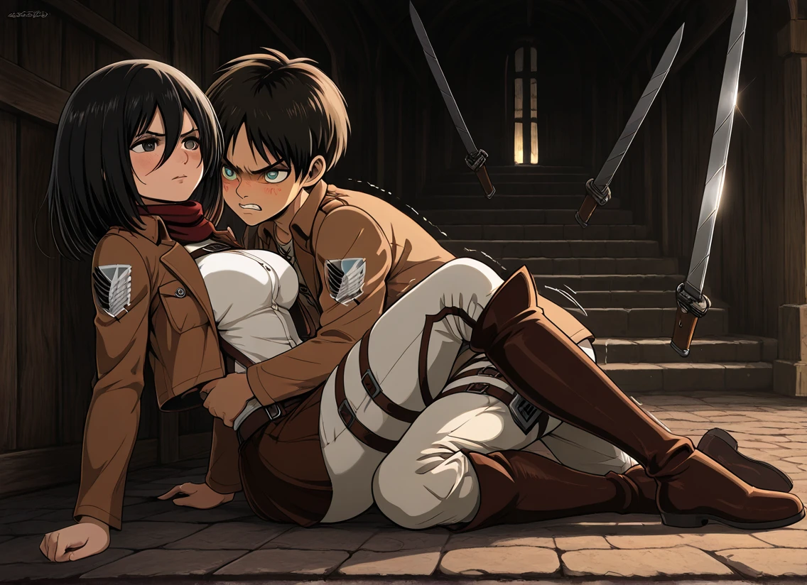 score_9, score_8_up, score_7_up, score_6_up, source_anime, BREAK by ikuchan kaoru, iku, clean color, flat color, 1boy, 1girl, attack on titan, handsome male, handsome guy, male focus, femporn, yumejoshi, huge penis, doggystyle, dominant male, focus is on eren, eren, eren yeager, handsome guy, male_focus, eren is smug, top view, eten looking at camera, indoors, medieval house, cuck, ntr, netorare, duo
