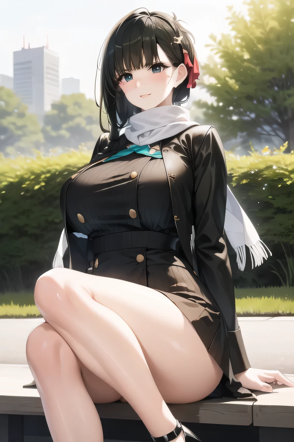 A woman with a lovely smile, Black Haired Woman,Please draw more delicately,Can you draw them sitting on a bench in a park with a forest and relaxing?,,business suit,tight miniskirt,uniform ,white scarf,high heels,,表情を最優先するのでFaces are very importantトリミングしないでください,,,爆big breastsをさらに爆big breastsに描いて下さい,,Walking Alone, The expression of a city floating in the sky ,only, , Big black wavy hair, , big breasts, thin waist , , ,Faces are very important,