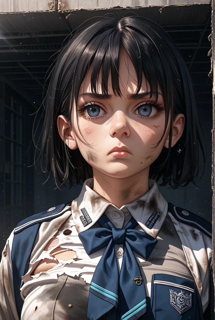 Killer covered in blood,portrait of a beautiful woman,alone,20-year-old,Beautiful Face,Upper Body,Hair on one eye,Short Bob, Blue Hair, Sharp focus,10 fingers