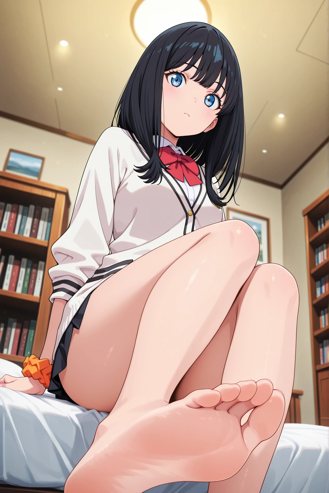 anime screencap, masterpiece, best quality,
1girl, solo, closed mouth,
straight hair, long hair, black hair, blue eyes,
white cardigan, red bowtie, sleeves rolled up, wrist scrunchie, miniskirt, black skirt, thighs,
sitting, looking at viewer, foot focus, bare legs,
indoors, on bed, bookshelf, ceiling, ceiling light , blurry background
