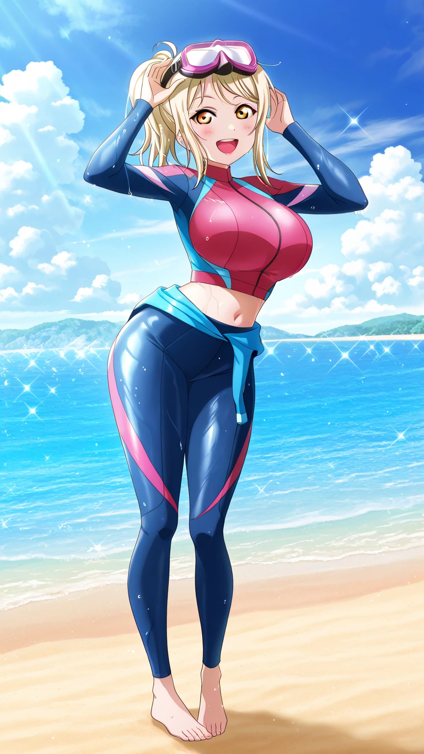 masterpiece, Highest quality,  Unreal Engine,  Super Resolution,  Very detailed, 

Beautiful woman, Android 18, Android 18, blonde, blue eyes, eyelash, hoop Earrings, short hair, Earrings, Oiled Rubber Suit, Vivid expression, Healthy Body, Beautifully detailed sweat glands, Smooth skin texture, Carefully drawn, 

(humidity:1.2), Beautiful Eyes, (Attractive face:1.2), (Beautiful Skin), (Big Breasts), Puffy nipples, (Sticky with sweat), In a dynamic pose,

In the world of Dragon Ball, Outdoor, At the Beach 