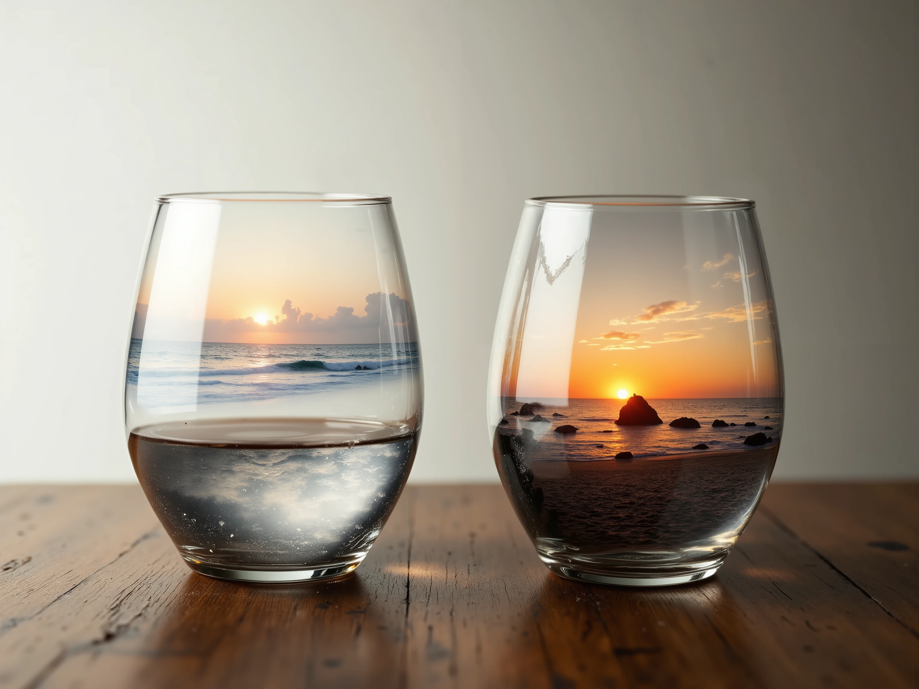 complex double exposure of the highest quality. Minimalistic still life photo of two half-empty glasses on a wooden table, double exposure effect. Left glass shows a serene sunrise over the ocean with soft pastel tones and mist. Right glass shows a dramatic sunset over the sea with fiery orange-red hues and silhouettes of rocks. Shot in the style of Christophe Jacrot and Dan Mountford, subtle film grain, muted background, soft natural lighting, 8K .digital artwork showcasing ultra-detailed textures, pure perfection. High Resolution, High Quality