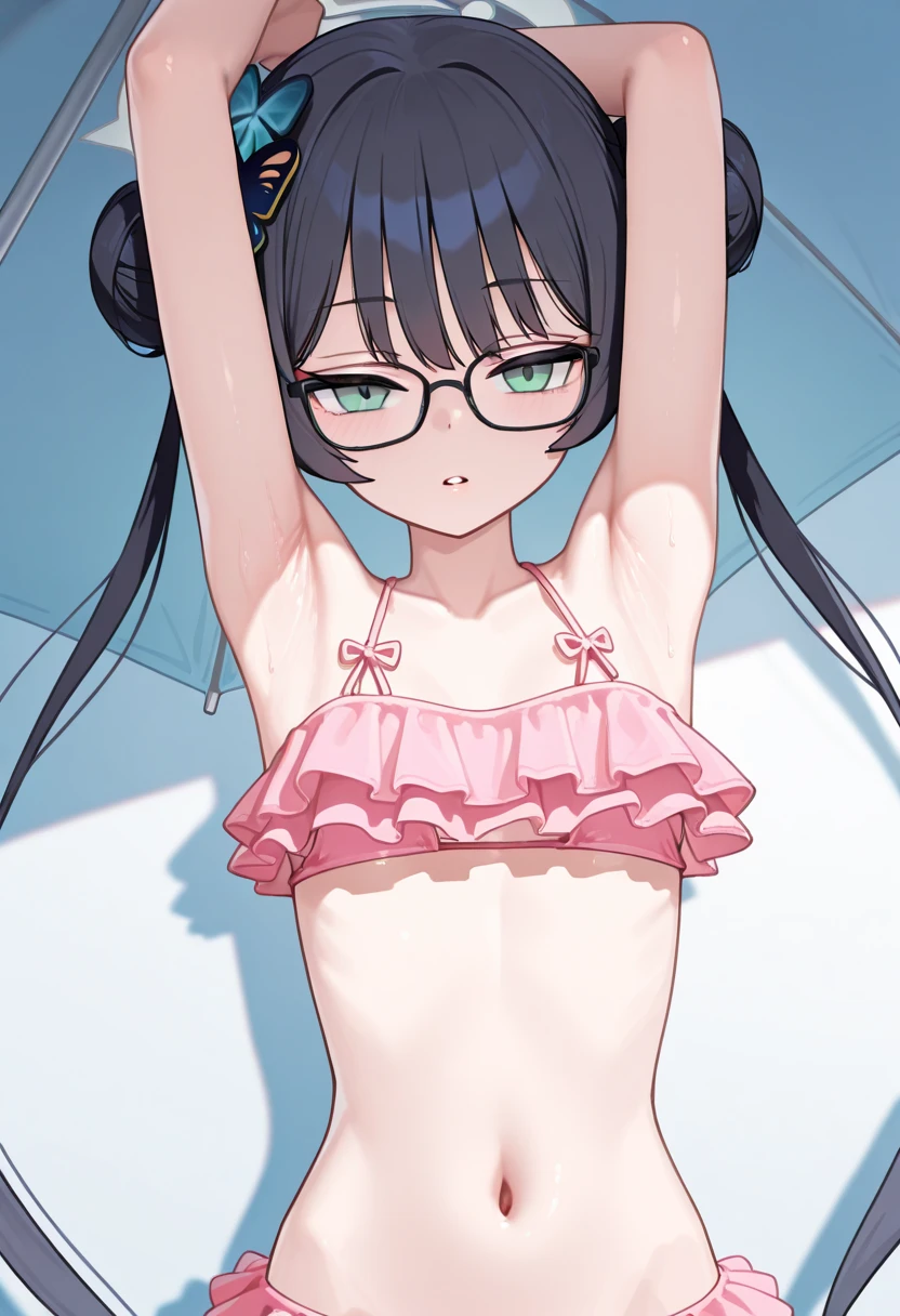 ultra-detailliert, Best Quality, hight resolution, animesque、 ((A cute, petite naked girl with dark hair and droopy eyes is wearing rounded glasses and looking up.)), Looking at Viewer, pale skin, (((Petite))), (flat chest:1.4), (blush:1.2), (big eye:1.4), (tareme:1.4), in a pool, all-fours, Long hair, ((super close up of tongue))、(((from above))), open mouth, (((face only:1.2))), ((naked)), nsfw, saliva, close up of face, up of face