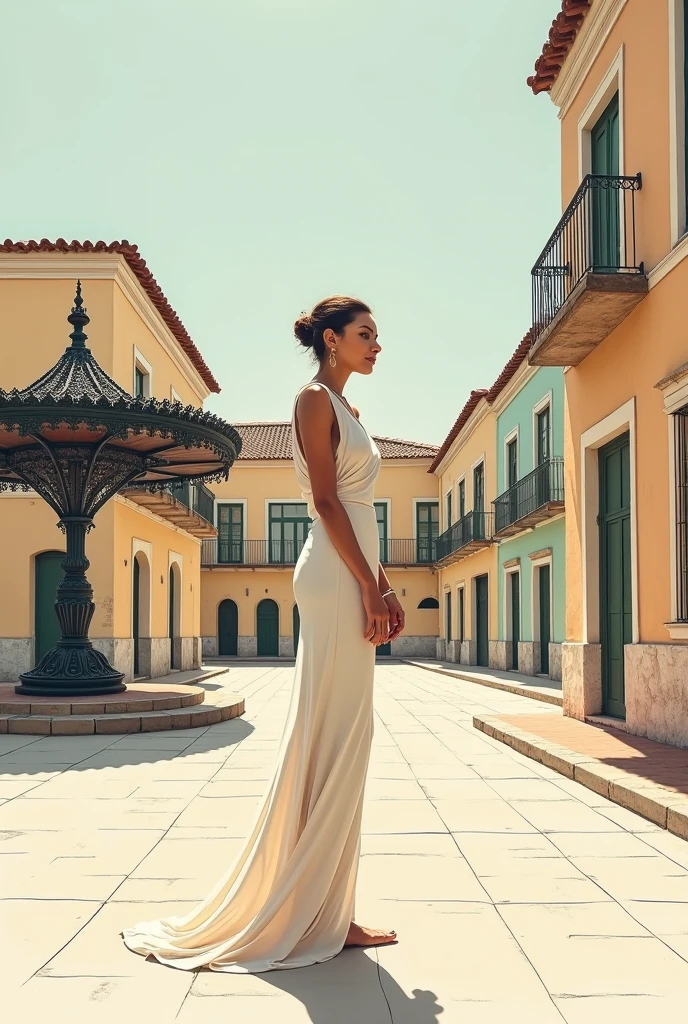 white courtesan woman, with elegant dress, walking through the center of Rio de Janeiro in 1860, admiring all the beauty of the city that had mountains, beach and beautiful buildings