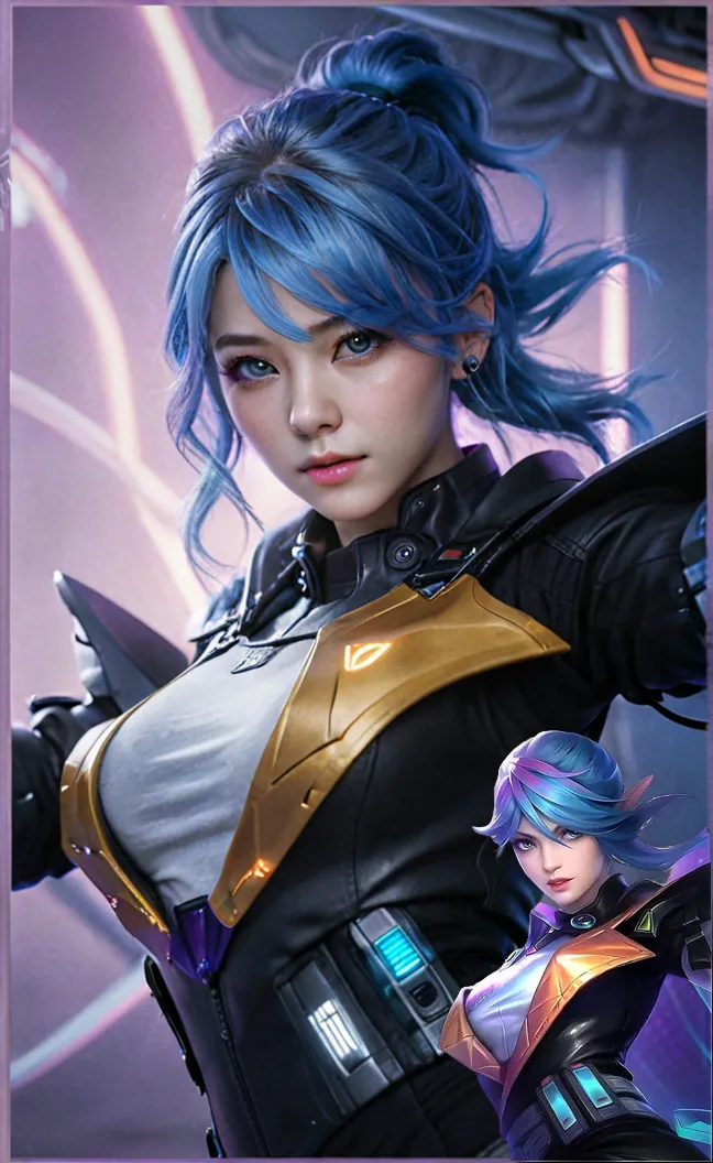 game art，best picture quality，Highest resolution，8k，((A half-length photo))，((portrait))，(rule of thirds)，Unreal Engine 5 rendering works， (Future girl)，(female warrior)， 22-year-old young hacker)，(ancient oriental hairstyle)，(Beautiful eyes full of details)，(big breasts)，(eye shadow)，Elegant and charming，indifferent，((frown))，(A battle suit full of futuristic technology，The costume combines futuristic power armor and，Clothing is decorated with glittering patterns and emblems)，cyberpunk characters，in the style of futuristic， photo poses，city background，lamp，Ray tracing，Game CG，((3D Unreal Engine))，OC rendering reflection pattern