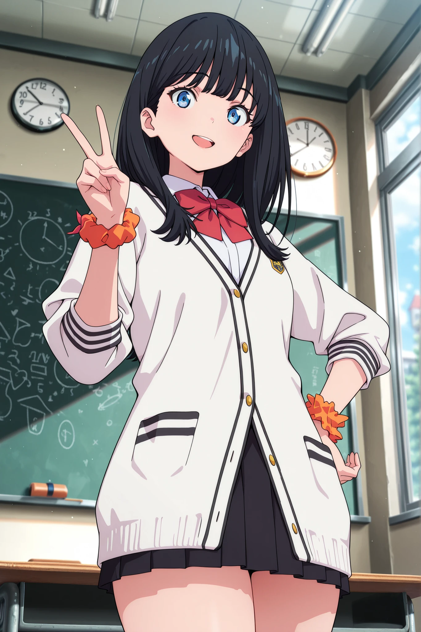 anime screencap, masterpiece, best quality,
1girl, solo, open mouth, smile, v,
straight hair, long hair, black hair, blue eyes,
white cardigan, red bowtie, sleeves rolled up, wrist scrunchie, miniskirt, black skirt, thighs,
hand on own hip, standing, looking at viewer, cowboy shot,
classroom, indoors, day, clock, blackboard, table, blurry background, from below