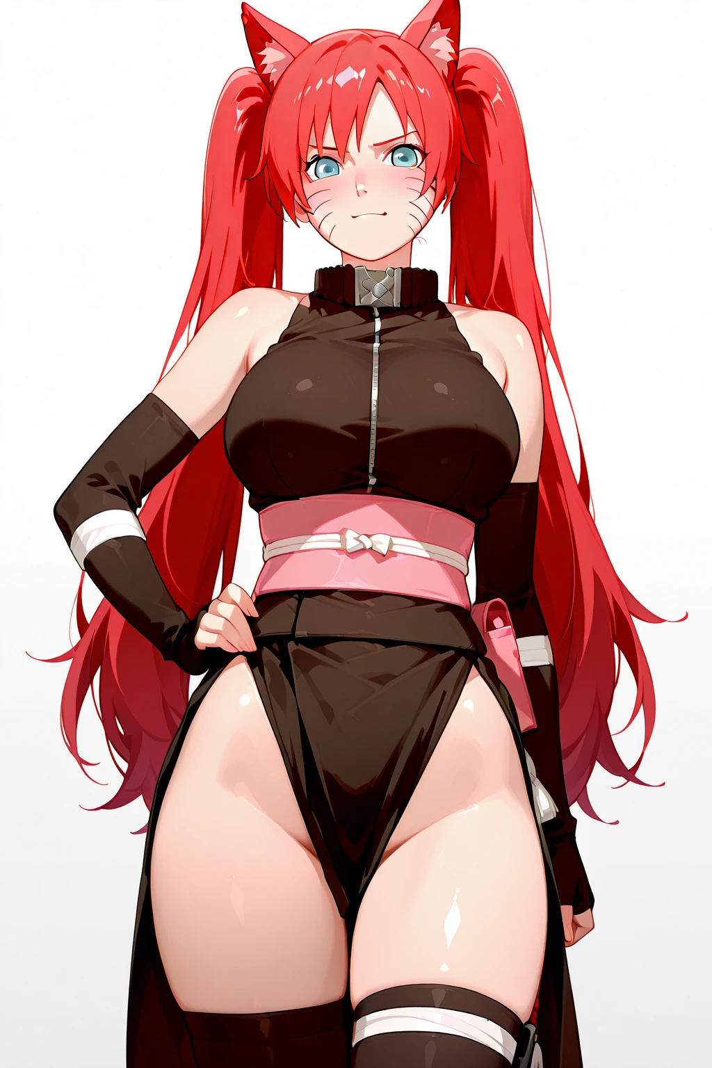 long hair, red hair, large breast, simple background, 