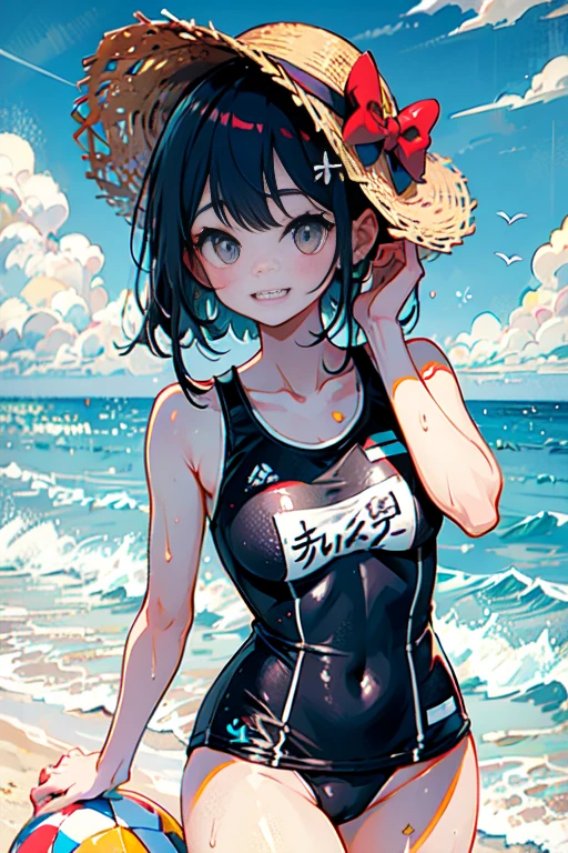 (masterpiece), best quality, expressive eyes, perfect face, One-piece swimsuit, Looking at viewer, Pull, Rainbow Ponytail hair, Vibrant, A Tall Woman, Beach, Thigh Highs