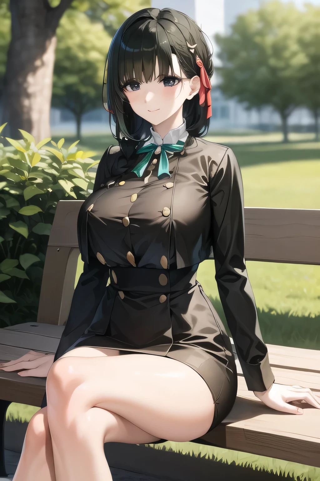 A woman with a lovely smile, Black Haired Woman,Please draw more delicately,Can you draw them sitting on a bench in a park with a forest and relaxing?,,business suit,tight miniskirt,uniform ,white scarf,high heels,,表情を最優先するのでFaces are very importantトリミングしないでください,,,爆big breastsをさらに爆big breastsに描いて下さい,,Walking Alone, The expression of a city floating in the sky ,only, , Big black wavy hair, , big breasts, thin waist , , ,Faces are very important,