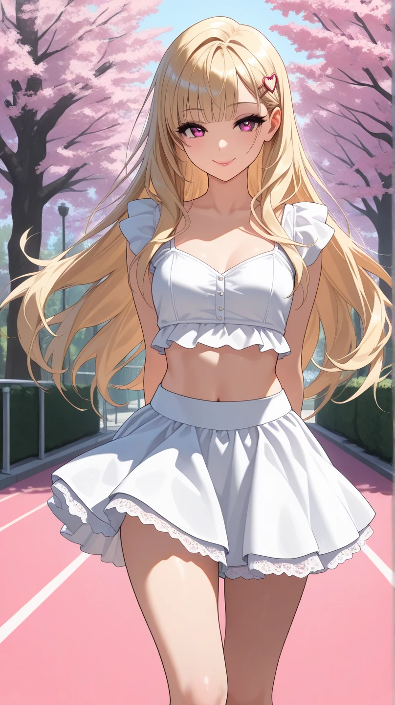 <lora:tokiwadai:0.8> tokiwadai, gym uniform, gloves, white gloves, elbow gloves, sleeveless, shirt, shorts, sleeveless shirt, gym shorts, white shorts, white shirt, gym shirt, ultra detailed, masterpiece, best quality, aesthetic, detailed,, solo, soft smile, light smile,
1girl, blue eyes, very long hair, blonde hair, long blonde hair, french braid, bangs, medium breasts,