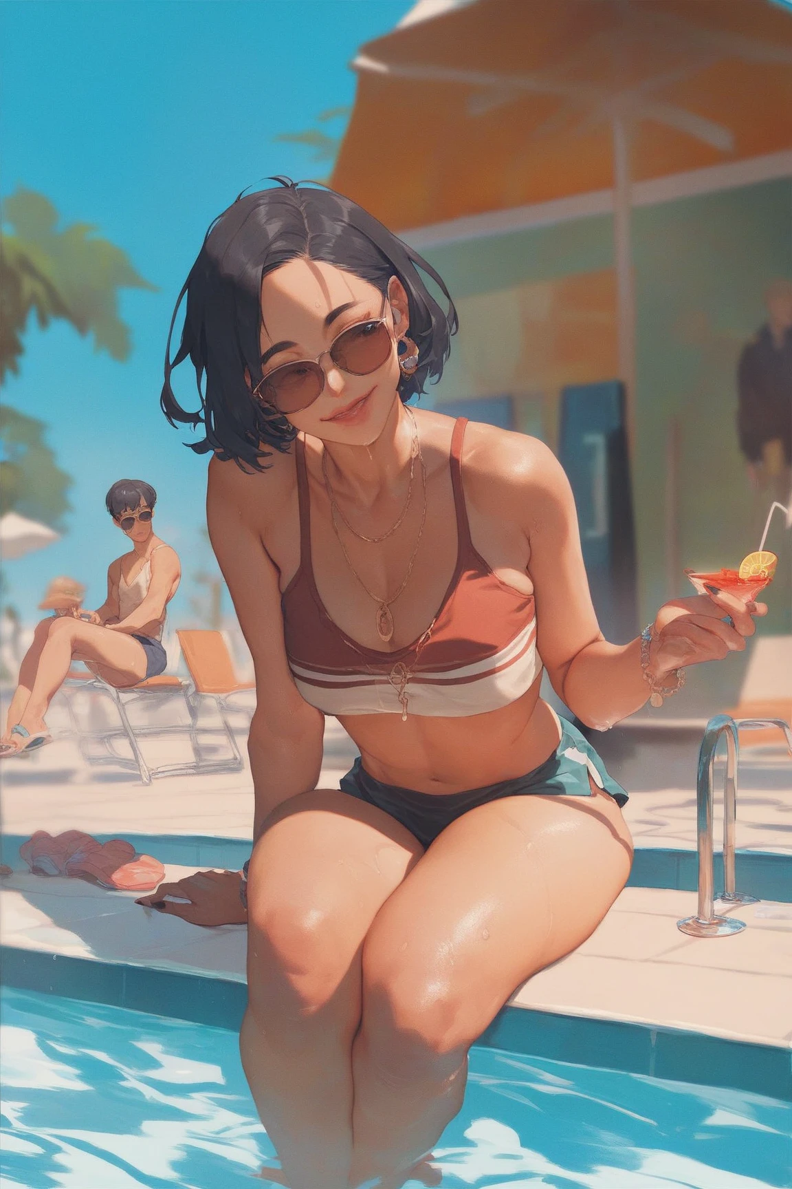 (very detailed, 4k, photorealistic),(camera shot from the back), (5 mature woman in different swimsuits of many colours, Group photo:1.4), (crowded beach bar scene), sitting facing away from the viewer, sexy bums, girls bending over a beach bar, (female bartender in bikini top behind the happy serving drinks), slingshot swimsuit, bikinis, 1 piece swimsuits, topless, sweating. (detailed face, detailed features, detailed eyes, detailed nose, detailed mouth), rounded bums, thongs, string bikinis, focused on bums, blonds, brunettes, redheads, (classroom: 1.1)