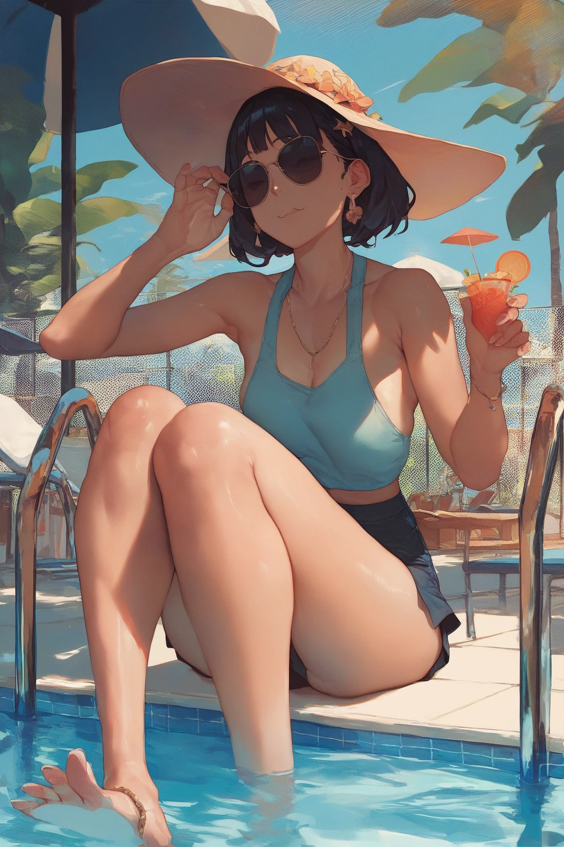 Women Fair skin, short hair, wearing bikini, transparent clothes, sitting on the ground, legs spread out, revealing the intimate parts of the lower body, plump buttocks, full breasts --auto