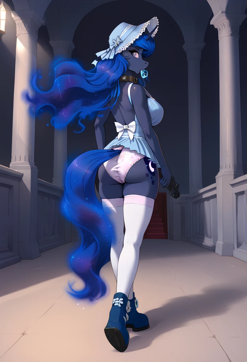 alone, score_9,score_8_up,score_7_up, anthro female glaceon, blue sclera, white eyes, wearing bunny suit, bunny ears, standing, back view, bare back, looking back, looking at viewer, indoors.