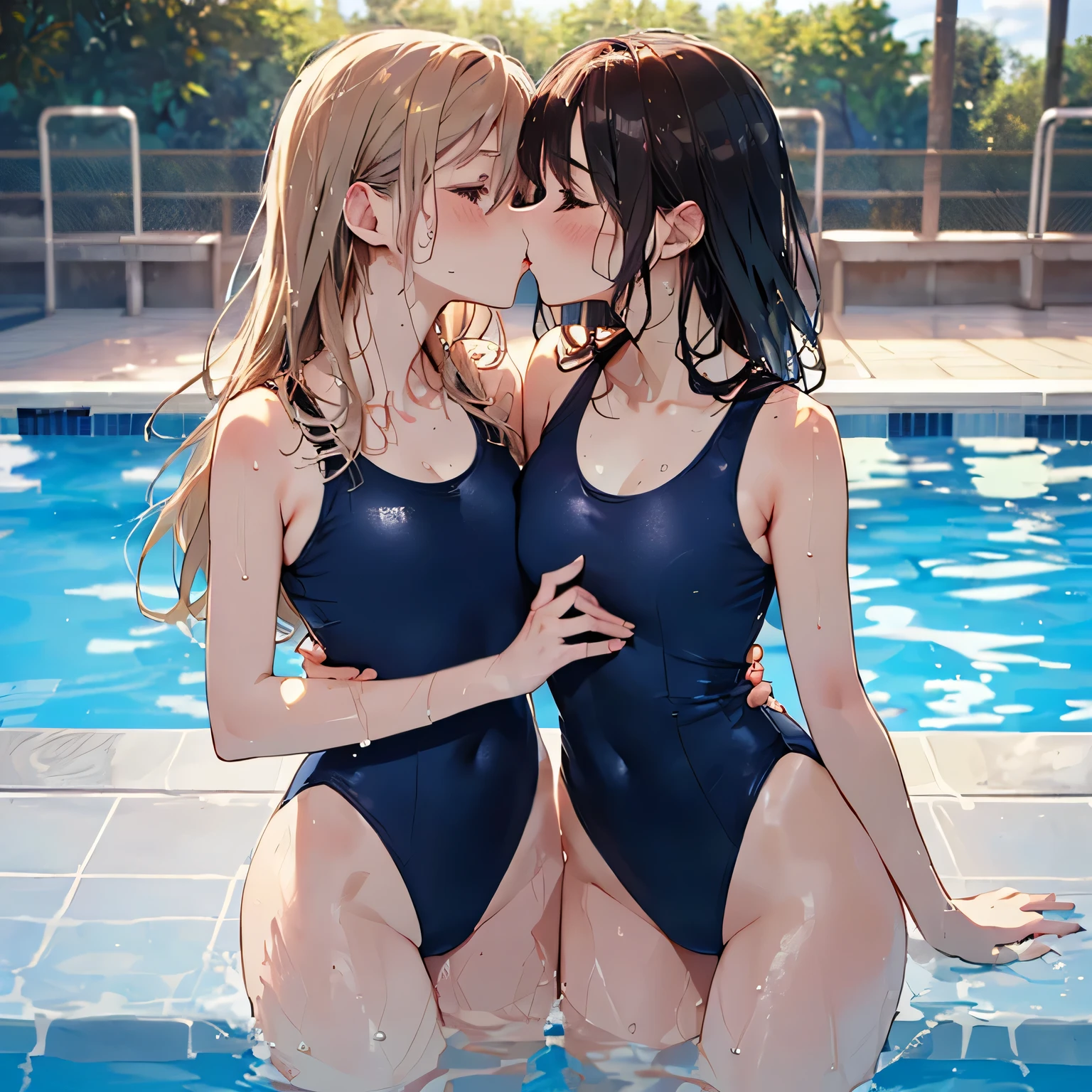 score_9, score_8_up, score_7_up, score_6_up, masterpiece, best quality, high quality, highres, ultra detailed, incredibly absurdres, source_anime, rating_explicit, nsfw, perfect composition, cinematic shadows, perfect anatomy, good hands, detailed face, cute face, shiny eyes, shiny hair, translucent layers BREAK, poolside, sunny days, full body, sitting, beautiful light, (girls with various fancy hair color and hair style:1.3), (dark navy school swimsuit,), cute face girl, sexy, smile, armpits, bun hairstyle, lesbain, kissing, hagging,