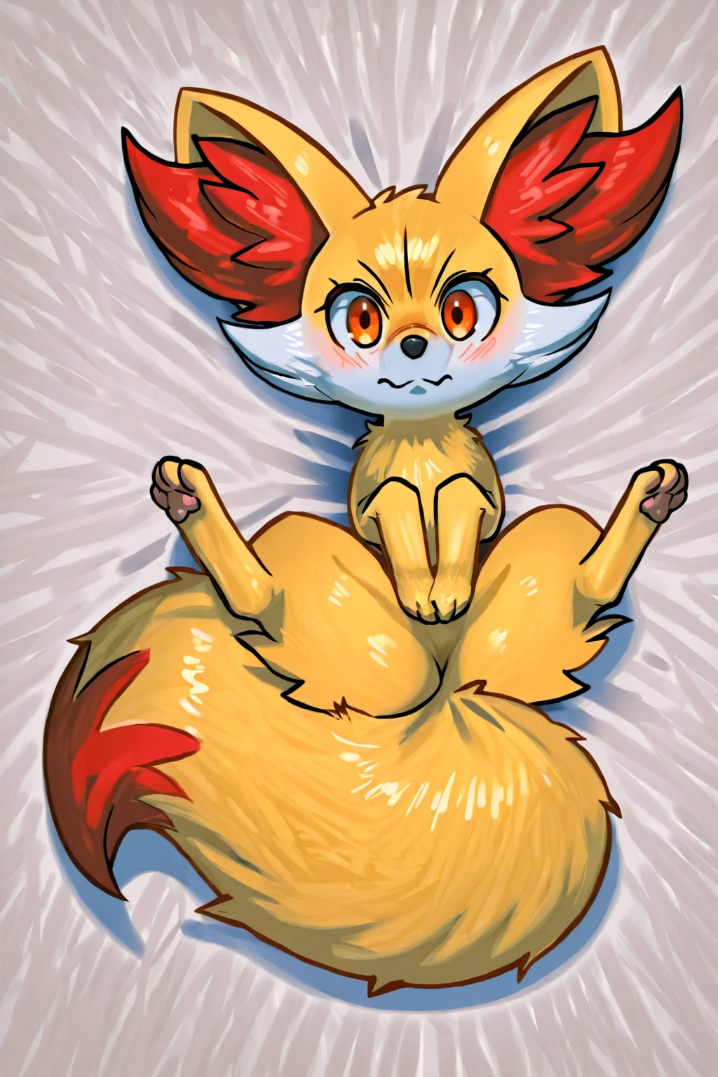 indoor, bedroom,  (chibi)
((fennekin fire)), [[rot_body, red fox_tail]],fox, (((quadruped, feral, canid, canine))), hind_limbs, (pink_pawpads:1.2), (animal_legs, animal_hand:1.2)
solo, looking_at_viewer
spread_legs, on_back
best_quality, hi_res, masterpiece, absurd_res
Highly_detailed, 4k, high_detail, detailed_background
Erection, penis, knot, cum on self, anus, holding penis, cum in anus
