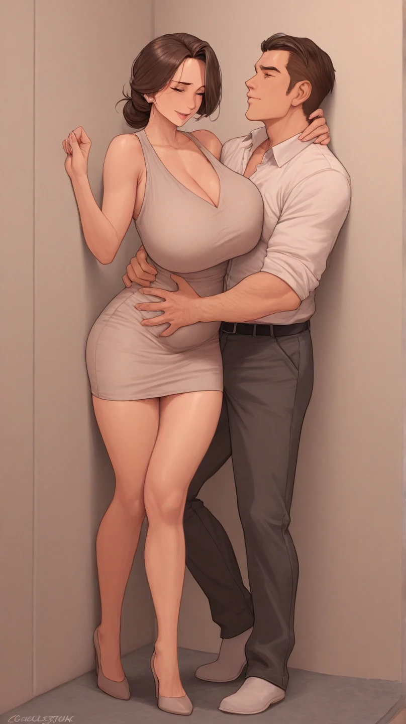 score_9, score_8_up, score_7_up, source_anime, 1boy, 1girl, mature female, mother and stepson , mature male, screaming moaning, looking at viewer, The mother is sitting, stepson is clinging on mother, white tight short dress, from behind, (focus on her hips), Riding on stepson