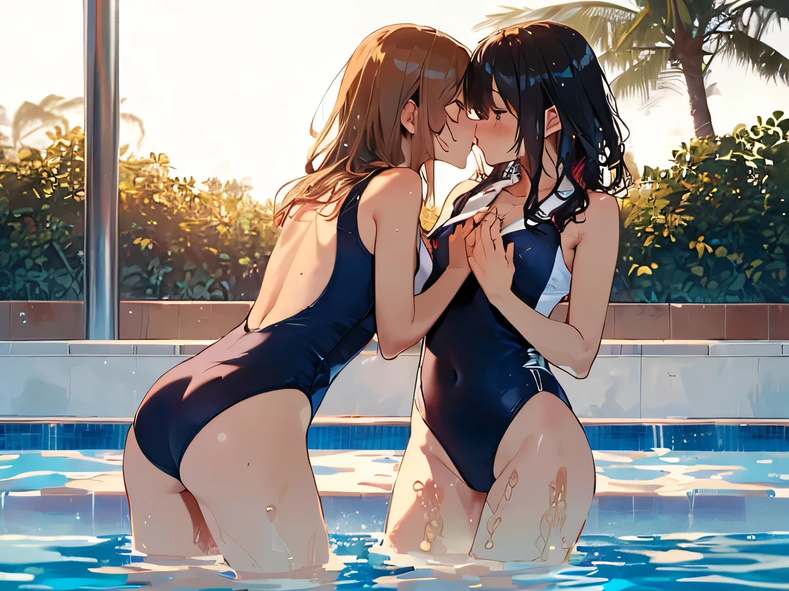 (((masterpiece, Highest quality, High resolution, 超High resolution, Perfect Pixel, Depth of written boundary, 4K, RTTX 10.0))), Beautiful Anime Women, Beautiful art style, Anime characters, ((Smooth texture, Realistic texture, Anime CG Style)), Exact finger count、Exact number of legs、(Exact number of arms:1.0, Exact number of hands:1.0), (Perfect hands, Perfect Anatomy.1.5), Cinematic, Realistic, Extremely detailed CG, Daytime lighting, Perfect lighting, Best Shadow, The best natural light, Perfectly balanced style, Perfect body, (Long Hair, Brown Hair, ponytail), ((Back view of two women walking:1.5), (Sexy and cute blue and white striped underwear, Sexy and cute magenta and white striped underwear, Shiny satin side-tie full-back panties, Panties with lace trim around the edges, micro lace bra, Lace-trimmed bra:1.3), (From directly below), (Poolside, There are lots of people having fun at the pool in the background.々is playing:1.3)