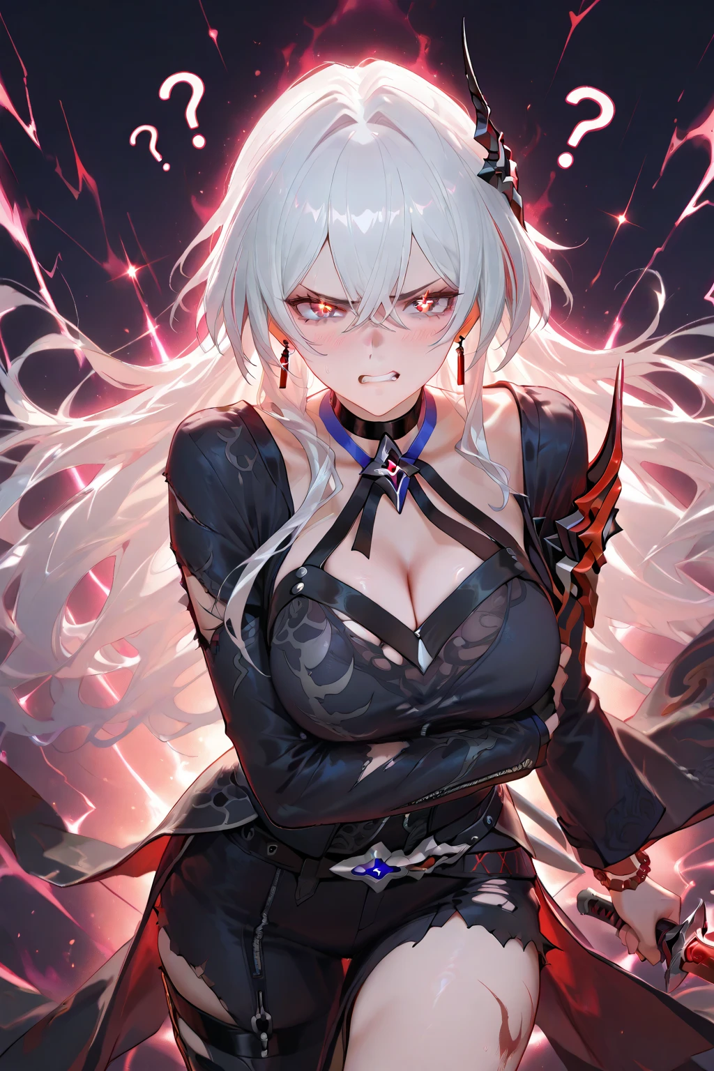 masterpiece, best quality ,ultra-detailed, very detailed illustrations, extremely detailed, intricate details, highres, super complex details, extremely detailed 8k cg wallpaper, monochrome, black and white picture, caustics, reflection, ray tracing,1girl, super detailed face, Extremely detailed eyes, beautiful eyes, highres eyes, solo, white hair, black hair, multicolored hair, black eyes, x-shaped pupils, gloves, arle_suit, upper body, seductive smile, jewelry, looking_at_viewer, signature, solo, standing, unbuttoned clothes, boobs, (holding whip in hands:1.3), (dark room:1.4), low light, moonlight dark, night, (at the centre of picture:1.2)