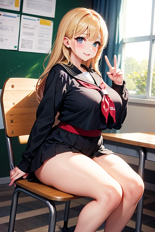 One female、blonde Medium Hair、Huge 、Plump Beautiful feet、Butt、watch、pearl necklace、Navy blue blazer Fluffy white blouse、leopard print bra、yellow Leopard print tight skirt、garter belt Fishnet tights、Blue T-back Lace pattern、Sit on a chair Touching glasses、In a school classroom blackboard、Embarrassed face、Date glasses