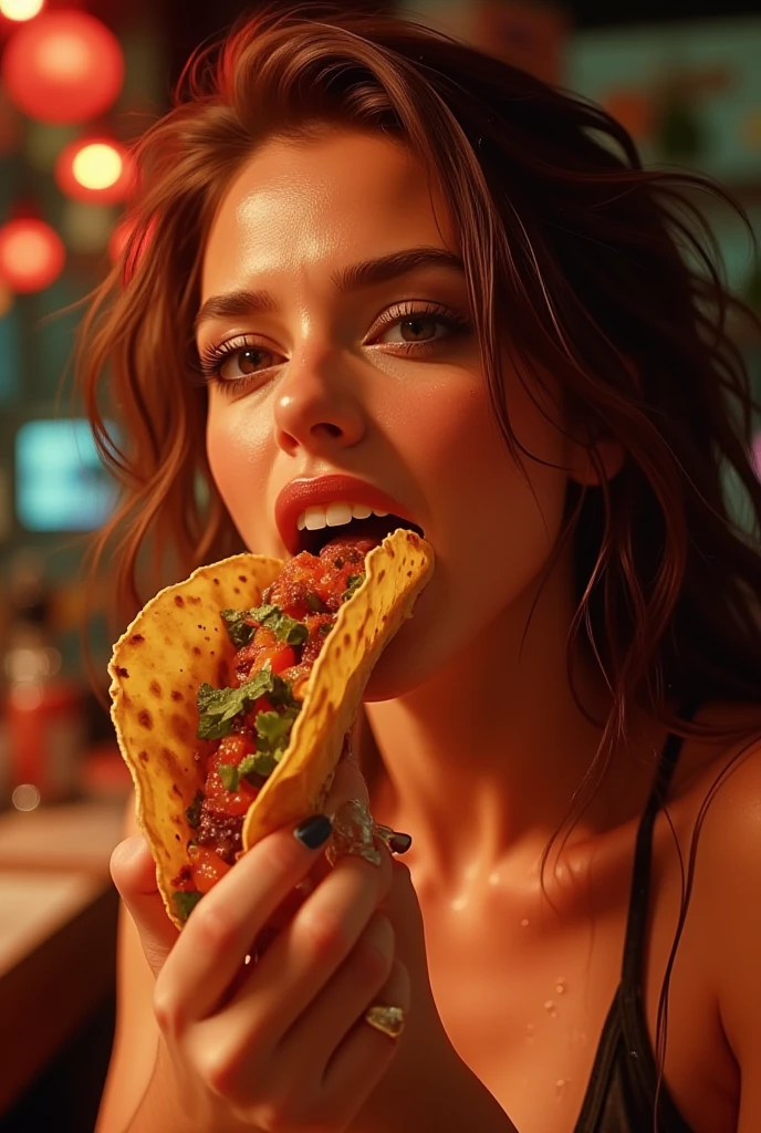 women, 15 years, eating cheetos, in orange lingerie, big breasts, in Mexico City, on the street, Brown eyes, Brown hair, large eyes, latina, sprite ad, sexy look, Erotic, coquette, mucha gente on the street