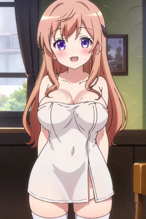 1 girl, 20-year-old, medium breasts, sleeveless, blushed, long hair, orange hair, purple eyes, ., cum, cum on face, cum on breasts, sitting, (( night gown))