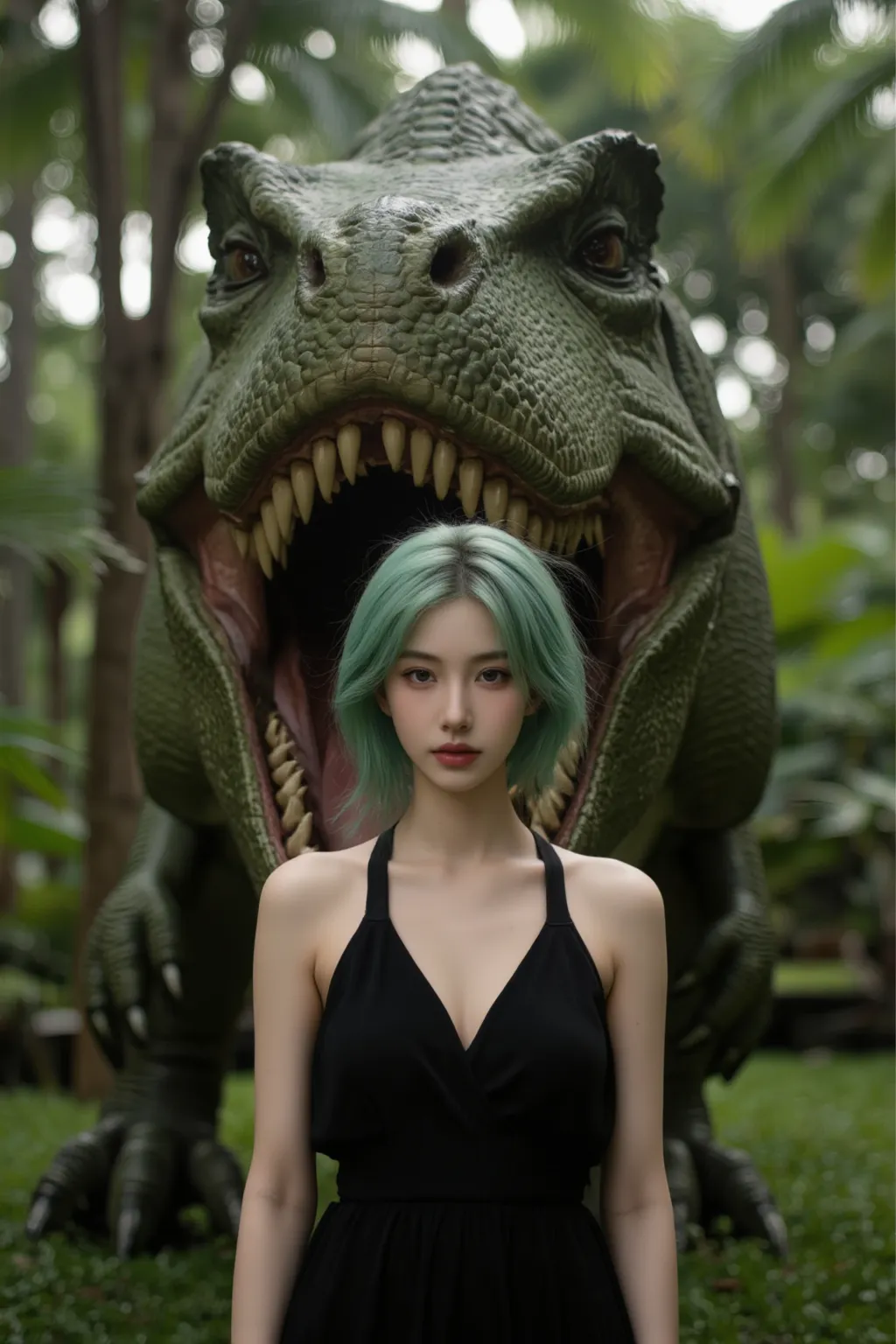 uma iguana girl (mulher iguana) de sobretudo marron e RayBan