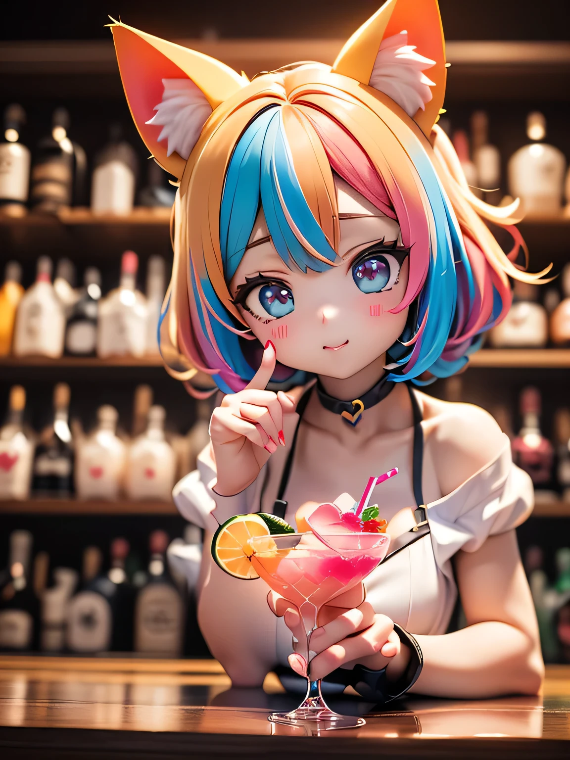 /*Cat ear bar*/,(((Cat ear barテンダーの可愛いらしさを様々Expressed with a heart symbol:1.3))),(((rainbow-colored cocktail glass on the bar counter))),(((Colorful Light Production))),(((Moe Moe on a cocktail glass curse with a pose:1.3))),(((Build a heart shape with your finger and a heart shaped beam:1.3))),Low Angle,(creates a disturbance of clothing with a motion blur effect:1.3),professional lighting, Real Shadow,Extremely Delicate and Beautiful Hair,detailed clothing features,professional lighting, Real Shadow,uses shadows to project the target three-dimensionally,complicated details,clothes disturbed by movement,(((3D Images:1.3))),(image mode ultra HD),