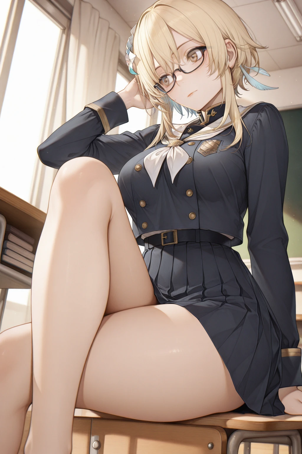 petite, cute, flat, ojou-sama, long blond hair, hair slicked back, forehead, blue eyes, smug, thick thighs, black skirt, thighhighs and gloves, pussy, naughty face, heavy breathing, seductive smile, glasses, sitting, throne