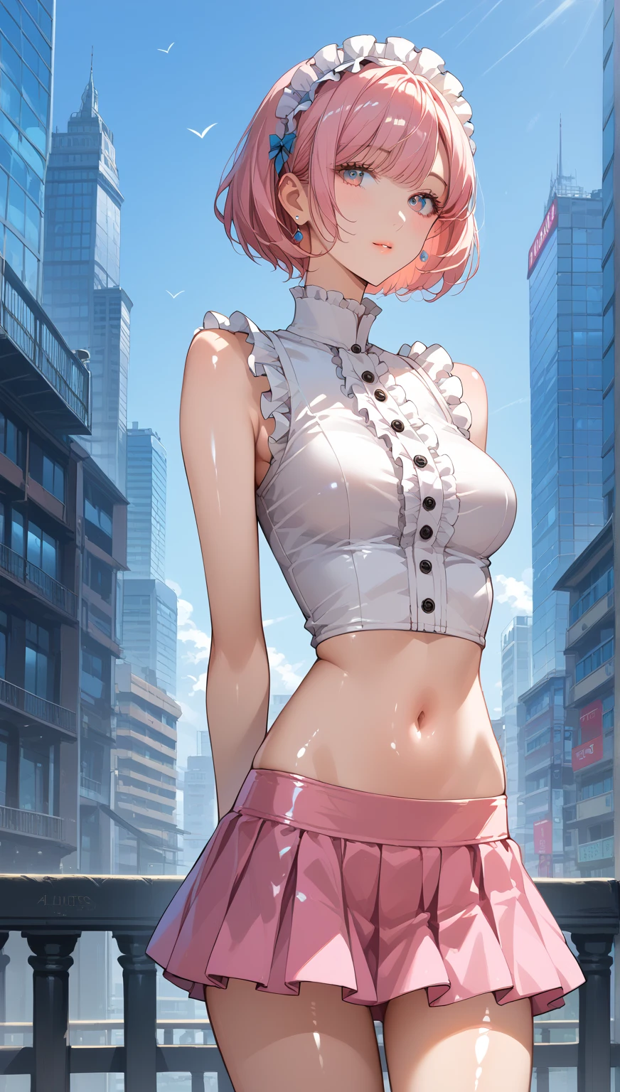 ((Bolero, Pencil Skirt, Shiny Costumes)), skindentation, skinny, solo, 1 woman, Masterpiece, highest quality, highest quality, 16K, incredibly absurd, highly detailed, 2.5D, ai-generated, delicate and dynamic, very delicate facial expressions, delicate eye depiction, erotic, only sexy woman, healthy figure, 25-year-old woman, bride, 160cm tall, medium firm swaying bust (short hair), (pink hair:1.5), bob cut, black eye, sexy, ((thin thighs)), (Erect nipples:0.8), (visible nipples:0.8), (camel toe:0.8), ((shiny and lustrous)), facing straight at viewer, smile, (standing), cowboy shot, (arms behind back),